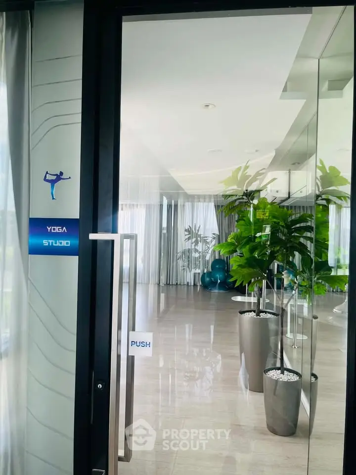 Spacious yoga studio with glass doors and indoor plants, perfect for relaxation and exercise.