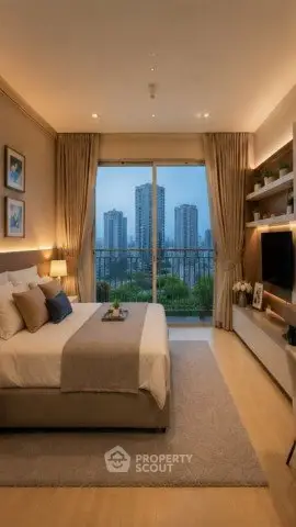 Luxurious bedroom with city view and elegant decor in modern apartment