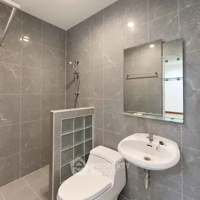 Modern bathroom with sleek gray tiles and glass block partition