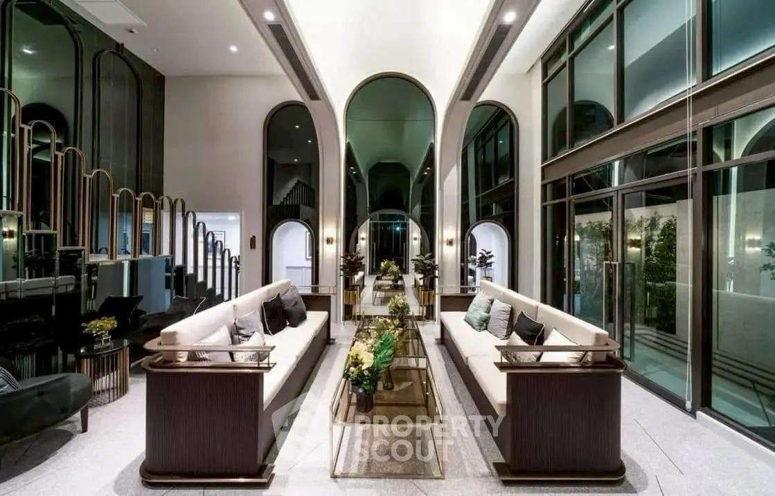 Luxurious modern living room with high ceilings and elegant decor