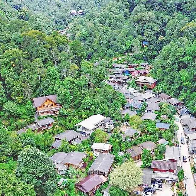 Aerial view of a charming village nestled in lush green forest, showcasing rustic homes and serene surroundings.