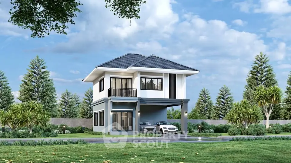 Modern two-story house with carport and lush green surroundings