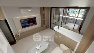 Modern living room with open kitchen and stylish decor