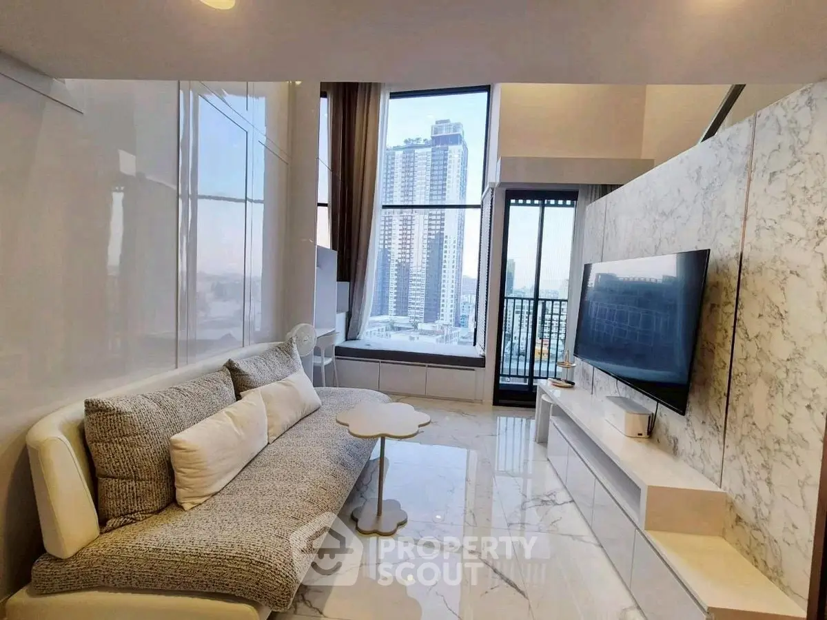 Luxurious modern living room with marble accents and stunning city view