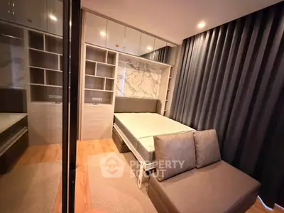 Modern bedroom with stylish decor and built-in storage solutions