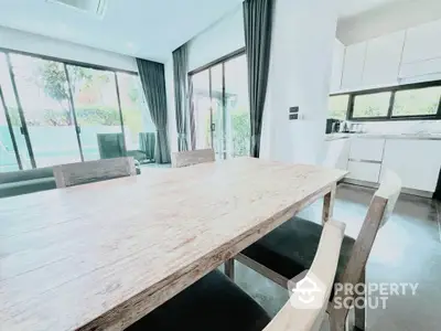 Spacious dining area with natural light and modern kitchen in open layout