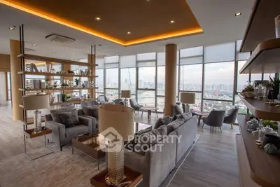 Luxurious modern living room with panoramic city views and elegant decor