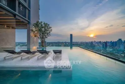 Luxurious rooftop infinity pool with stunning city skyline view at sunset.