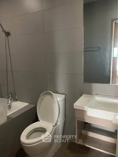 Modern bathroom with sleek design featuring bathtub and large mirror