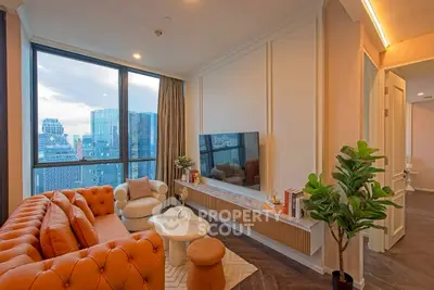 Luxurious living room with stunning city view and modern decor