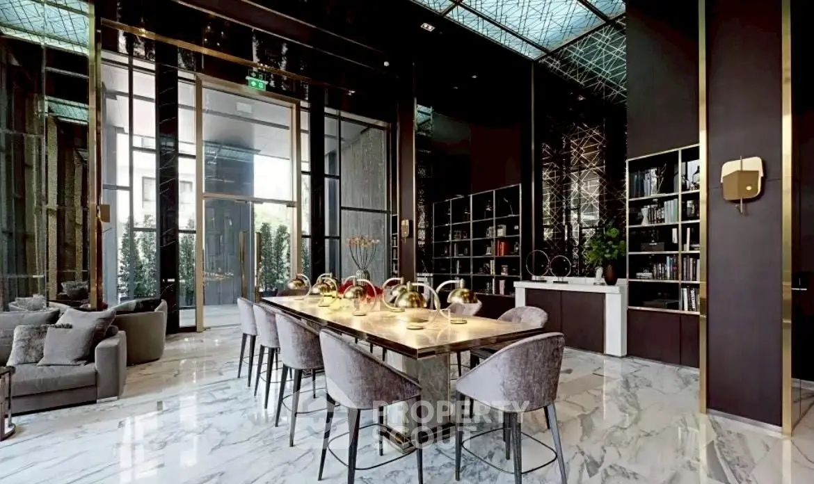 Luxurious modern living room with elegant dining area and marble flooring