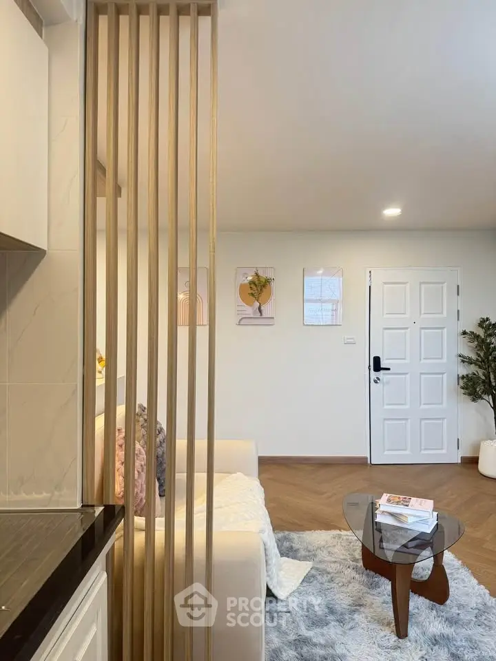 Modern living room with stylish decor and cozy seating area
