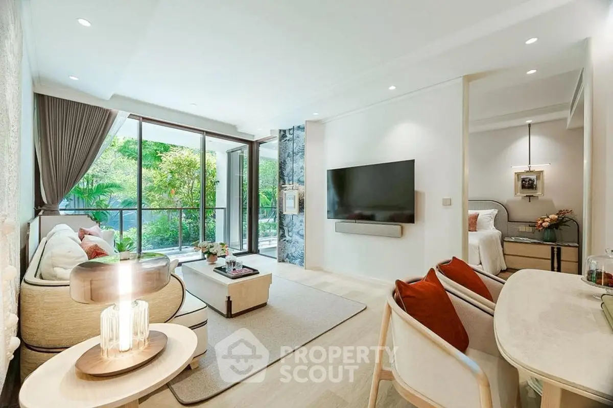 Luxurious open-plan living room with modern decor and garden view