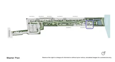 Master plan layout of residential complex with buildings and green spaces.