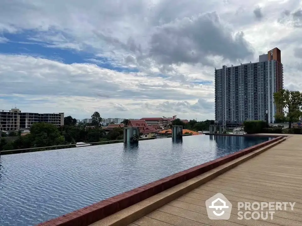 Stunning rooftop infinity pool with panoramic city views and modern high-rise building