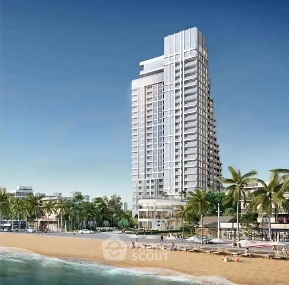 Luxurious beachfront high-rise building with stunning ocean views and palm-lined promenade.