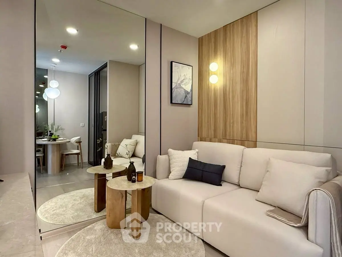 Modern living room with elegant decor and cozy seating area