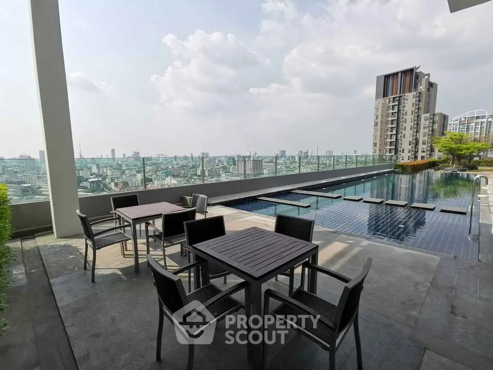 Luxurious rooftop pool with stunning city views and modern outdoor seating area.