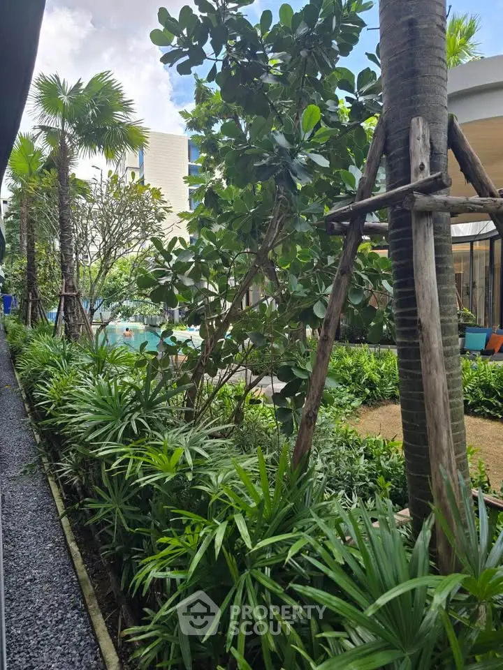 Lush garden view with tropical plants and pool in modern residential complex.