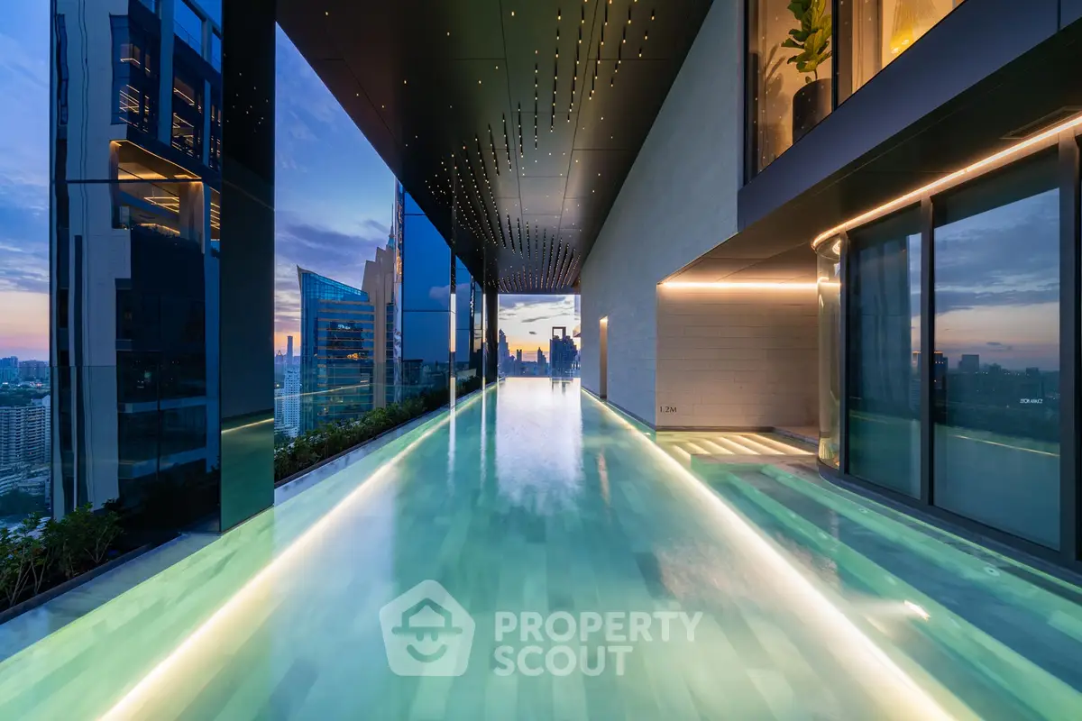 Luxurious rooftop infinity pool with stunning city skyline views at sunset.