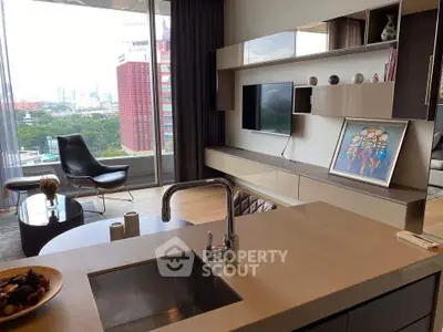 Modern living room with sleek kitchen island and city view, featuring stylish furniture and decor.