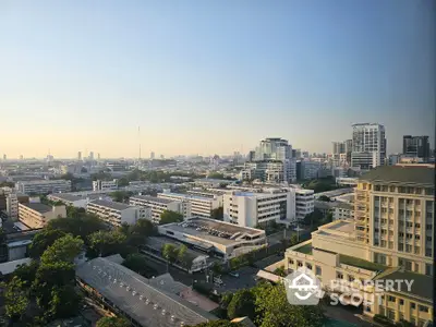 Stunning cityscape view from high-rise building showcasing urban skyline at sunset.