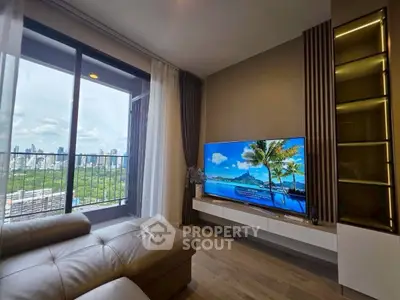 Luxurious living room with stunning city view and modern decor