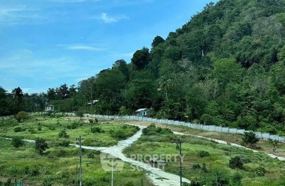 Scenic view of lush green landscape with winding path and distant houses, perfect for serene living.