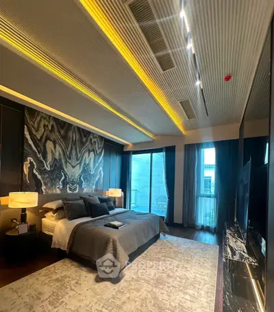 Luxurious modern bedroom with stylish decor and large windows
