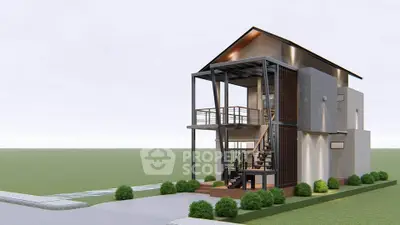 Modern architectural design of a two-story house with sleek lines and lush landscaping.