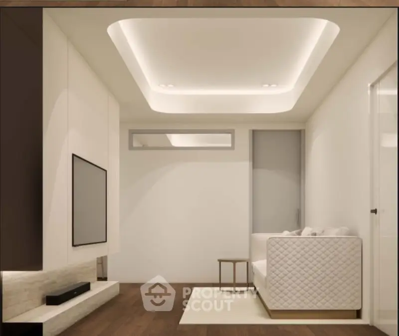 Modern living room with sleek design and cozy seating area