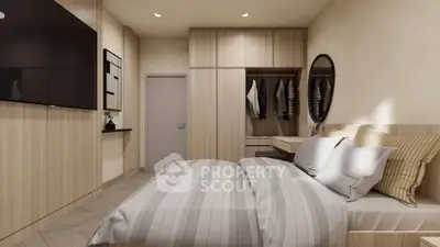 Modern bedroom with stylish wood paneling and cozy bedding
