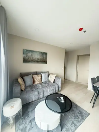Modern living room with stylish gray sofa and elegant decor in a bright apartment.