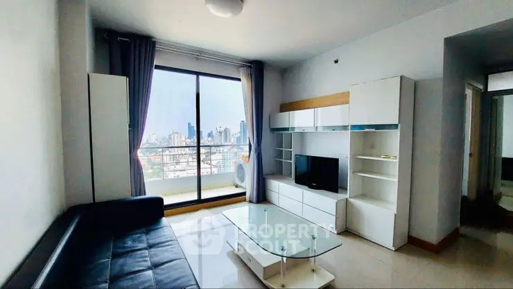 Modern living room with city view, sleek furniture, and large window.