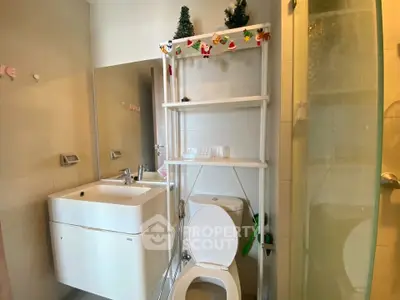 Cozy bathroom with modern fixtures and festive decorations