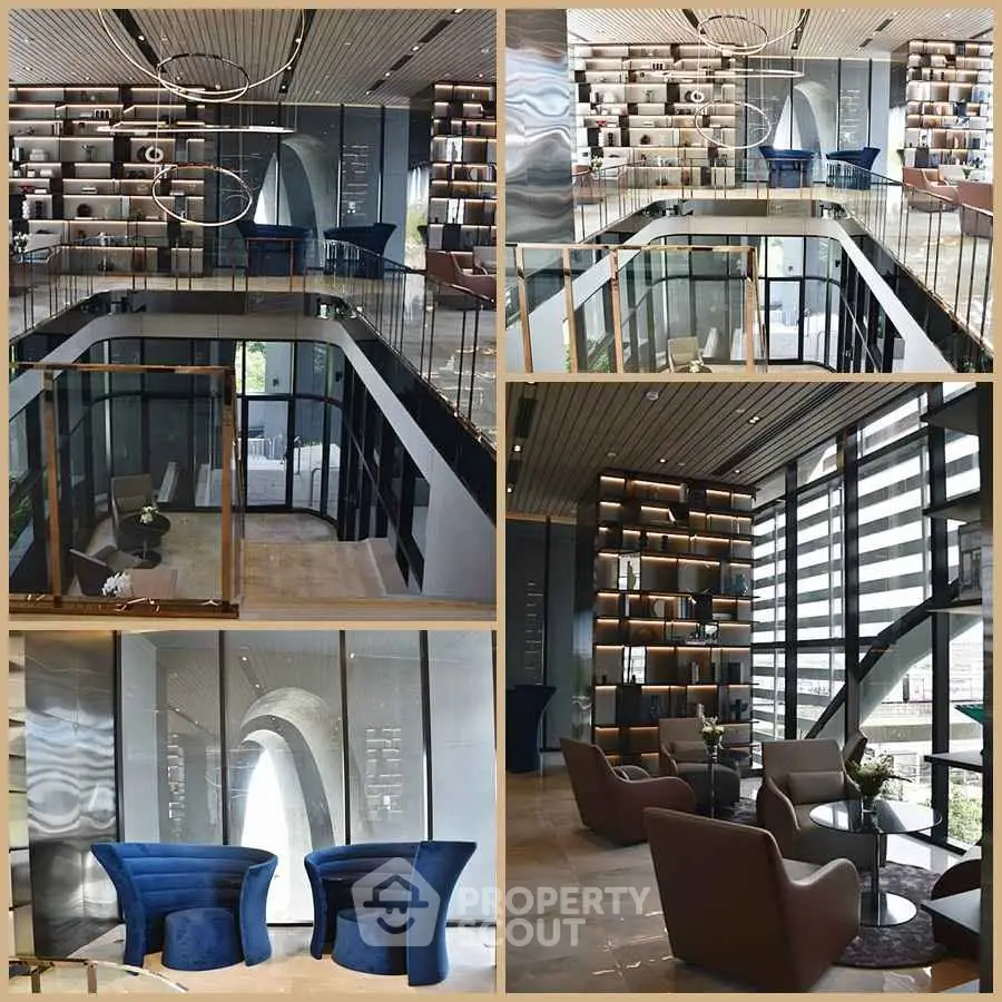 Luxurious modern library with elegant seating and stylish decor in a sophisticated building.