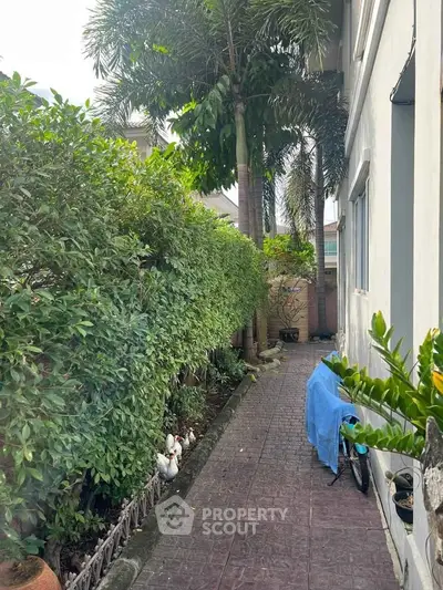 Charming garden pathway beside a modern house with lush greenery and decorative elements.