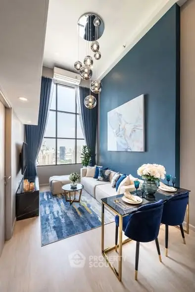 Luxurious modern living room with high ceilings and elegant decor in a stylish apartment.