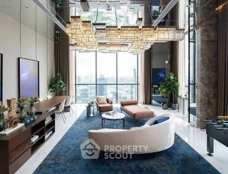 Luxurious modern living room with panoramic city view and elegant decor