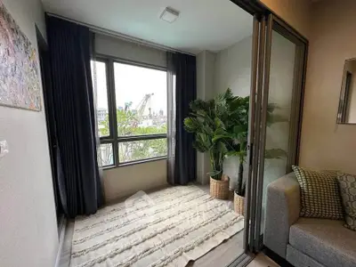 Cozy living room with large window and lush indoor plants, perfect for relaxation.