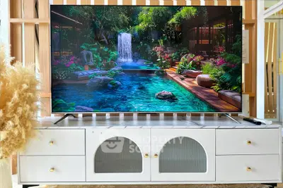 Modern living room with stylish TV unit and vibrant nature scene on screen