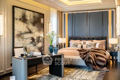 Luxurious modern bedroom with elegant decor and ambient lighting
