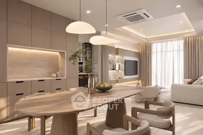 Luxurious modern living room with elegant wooden furniture and ambient lighting