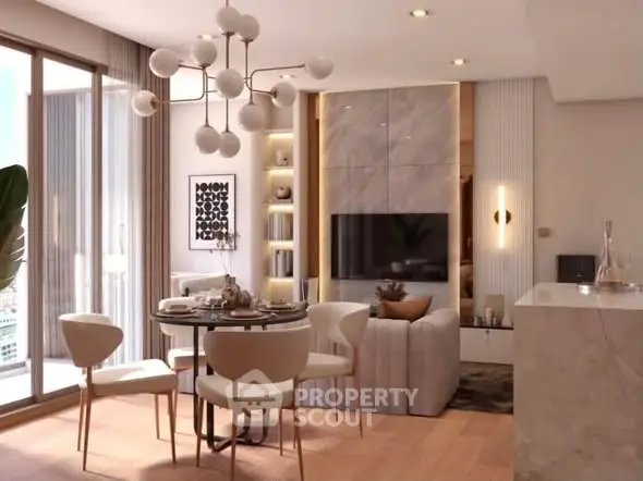 Modern living room with elegant dining area and stylish lighting in a luxurious apartment.