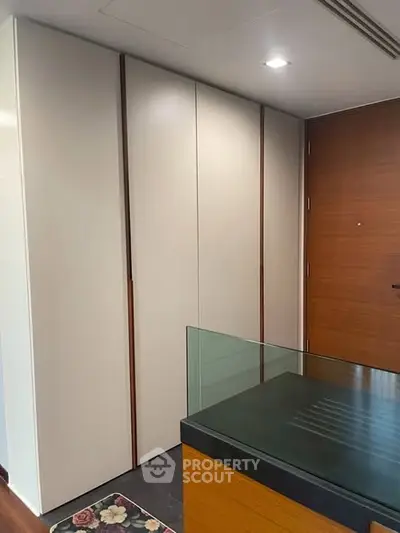 Modern interior with sleek storage and wooden accents