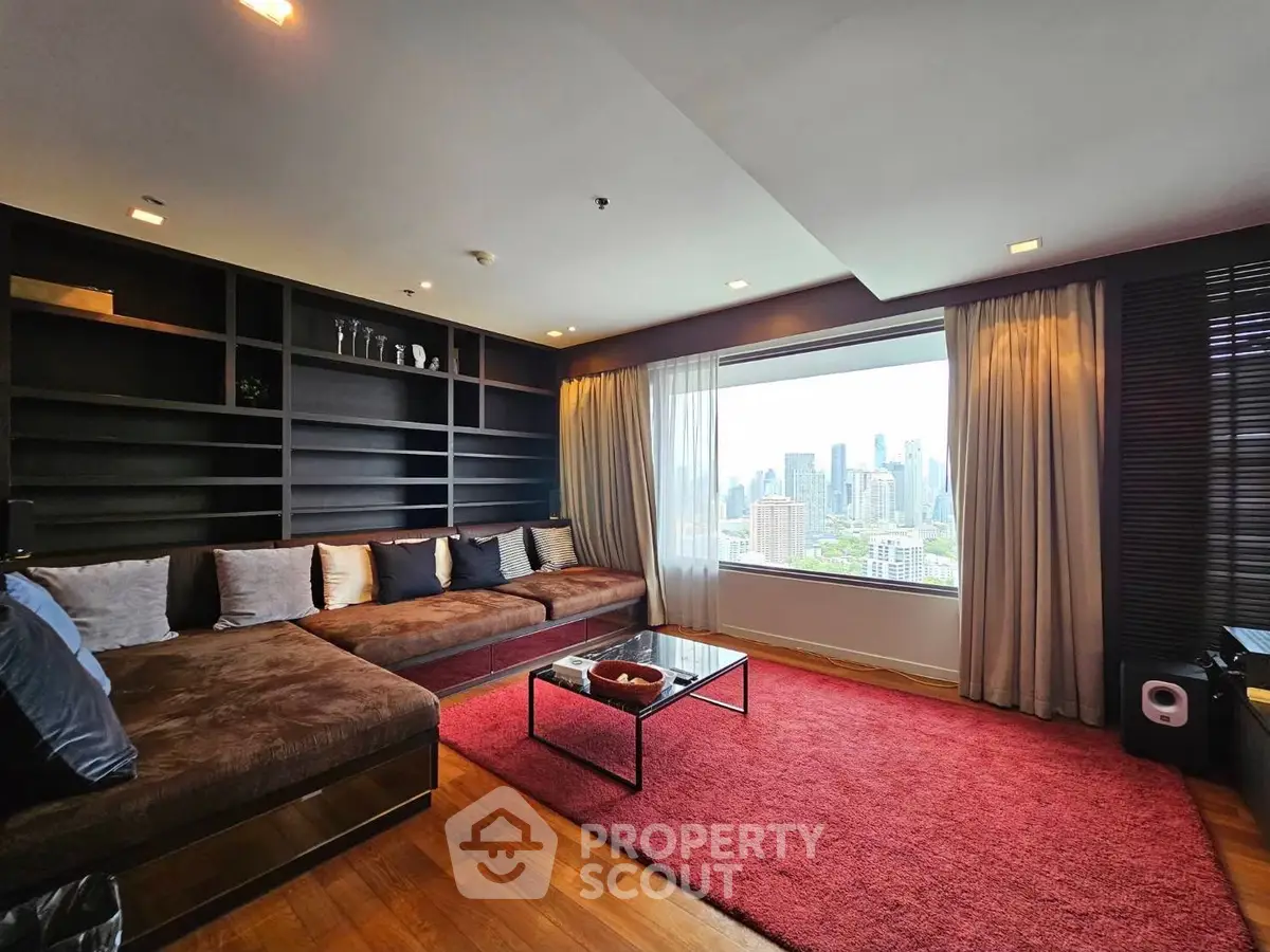 Luxurious living room with city skyline view and elegant decor