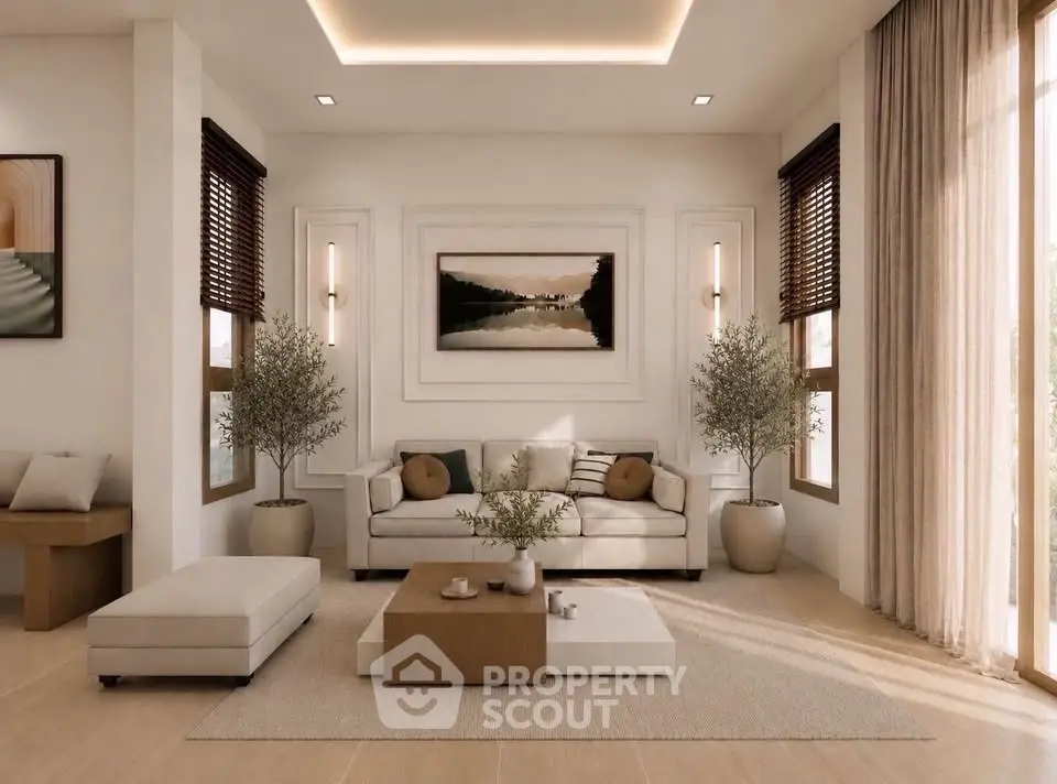 Elegant living room with modern decor, large windows, and cozy seating area.