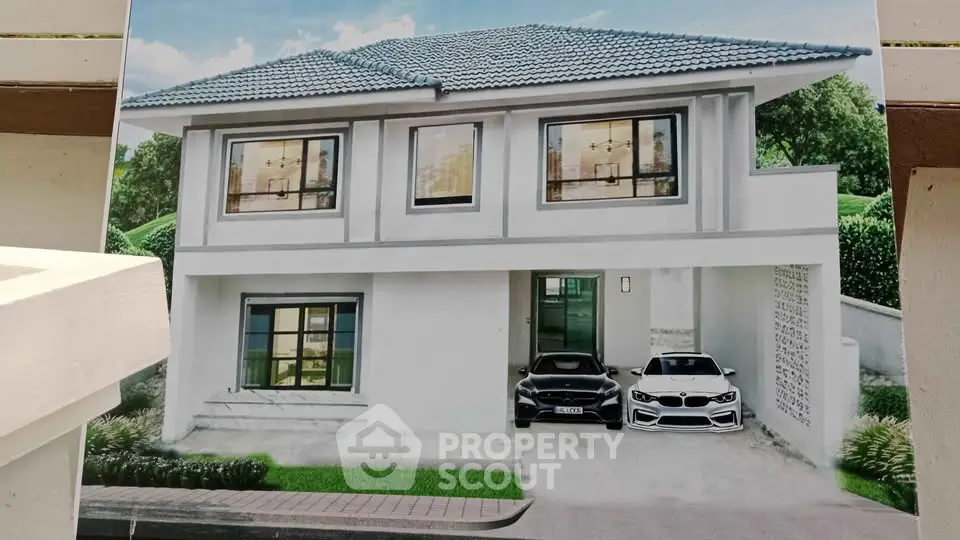 Modern two-story house with garage and luxury cars in driveway, surrounded by lush greenery.
