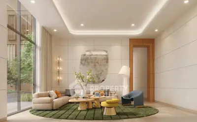 Luxurious modern living room with stylish furniture and large windows offering a serene garden view.