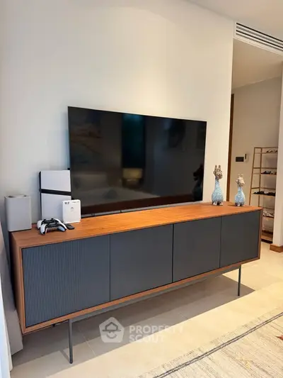 Modern living room with sleek TV stand and large flat-screen TV, showcasing elegant interior design.